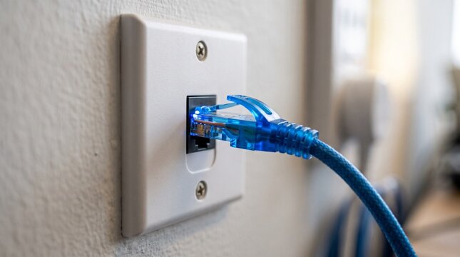 Blue ethernet cable plugged into a wall outlet in an office setting