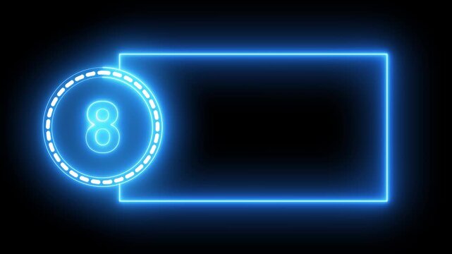 Blue Neon Number 8 Inside Circle With Rectangular Frame On Black Background eight digit.4k animation motion grafice veido....