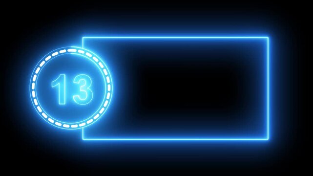 Blue Neon Number 13 Inside Circle With Rectangular Frame On Black Background thirteen digit.4k animation motion grafice veido....