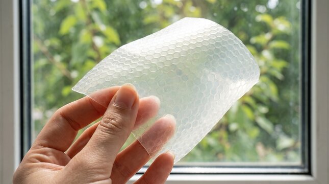 Person holding bubble wrap insulation sheet near a window