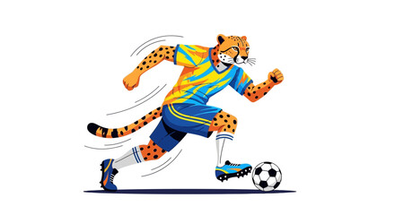 Fototapeta premium Cheetah athlete wearing a football uniform while running fast and kicking a soccer ball on a white background.