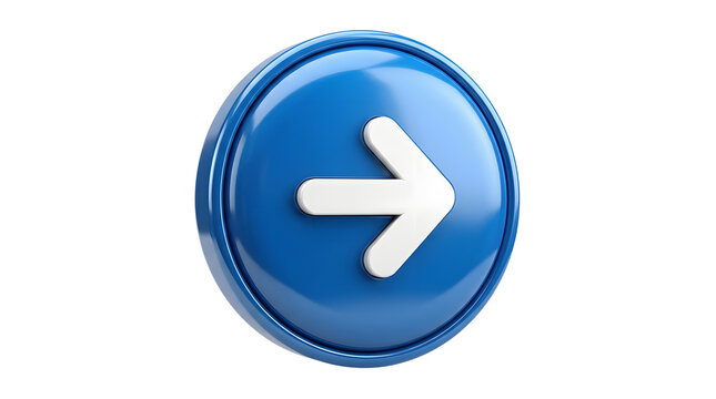 Shiny blue button with forward arrow symbol on glossy surface