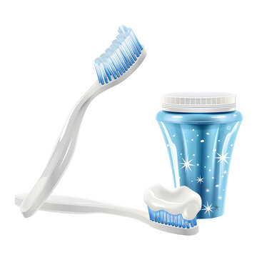 Detailed vector illustration showcasing two white toothbrushes featuring blue bristles alongside a glossy shiny blue container filled with mouthwash on clean isolated white background for dental care.