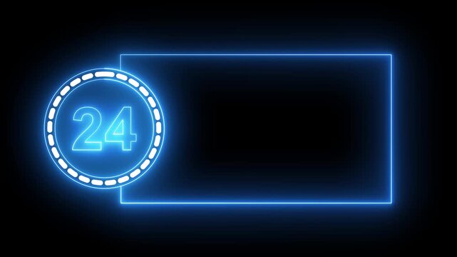 Blue Neon Number 24 Inside Circle With Rectangular Frame On Black Background twenty four digit.4k animation motion grafice veido....