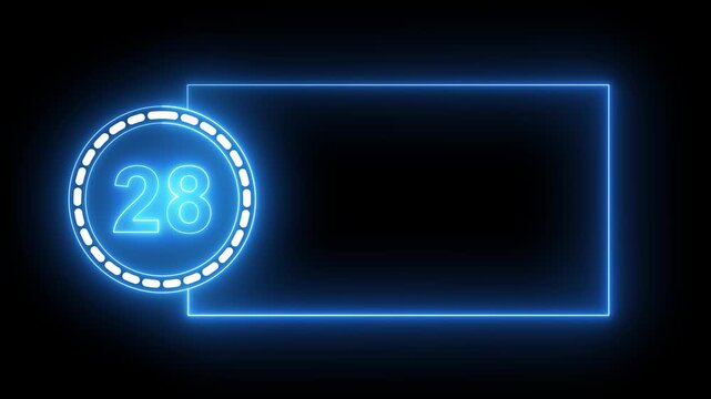 Blue Neon Number 28 Inside Circle With Rectangular Frame On Black Background twenty eight digit.4k animation motion grafice veido....