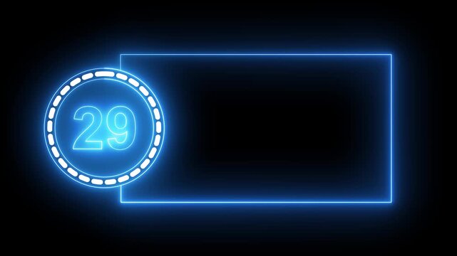 Blue Neon Number 29 Inside Circle With Rectangular Frame On Black Background twenty nine digit.4k animation motion grafice veido....