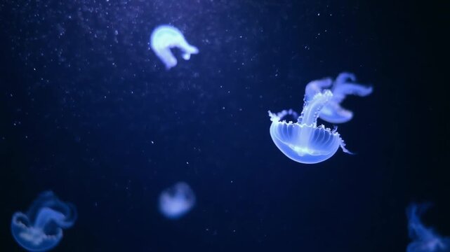 Luminous Blue Jellyfish Gracefully Pulsing and Drifting Through the Dark Deep Ocean Illuminated by Subtle Light Perfect for Serene Underwater and Marine Life Visuals