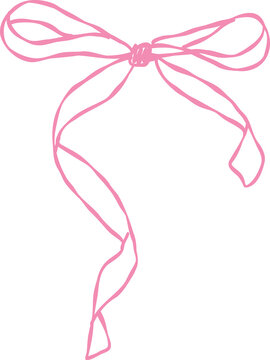 Hand drawn pink ribbon bow with flowing streamers isolated on transparent background simple doodle style