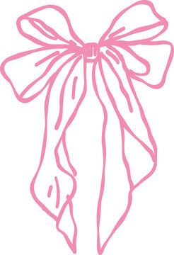 Hand drawn pink bow illustration with a simple sketchy style on a transparent background
