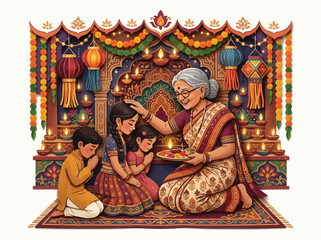 Fototapeta premium Indian grandmother blessing children during Diwali festival vector illustration for traditional celebration and family bonding concept