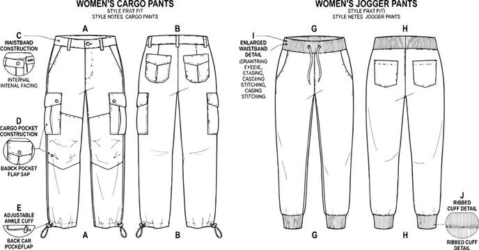 Technical fashion sketch of women cargo pants and jogger pants with detailed construction measurements and pocket specifications for clothing manufacturing design
