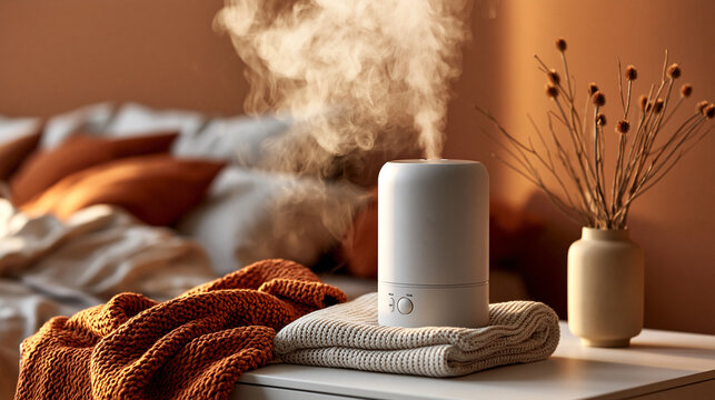 Modern white ultrasonic aromatherapy diffuser releasing fine mist in a cozy bedroom with warm lighting tones