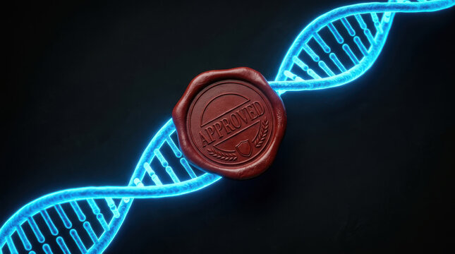 Biotech patent disputes highlighted by glowing DNA strand and approved seal evoke scientific emotion and legal conflict in innovation research