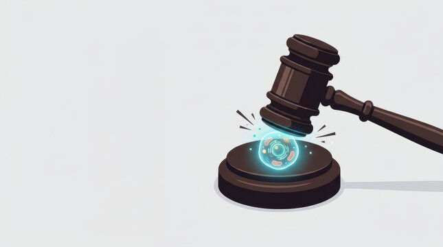 Biotech patent disputes represented by glowing technology beneath wooden gavel during legal judgment and intellectual property conflict