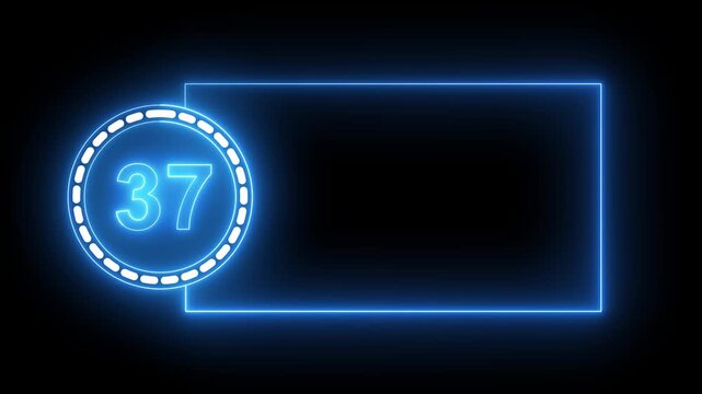 Blue Neon Number 37 Inside Circle With Rectangular Frame On Black Background thirty seven digit.4k animation motion grafice veido....
