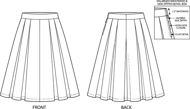 Fashion sketch of a pleated midi skirt with front and back views showing technical details and zipper closure