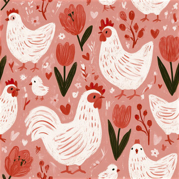 Minimal folk art hen seamless pattern with white chicken and red tulip flowers on pink background, charming and rustic design