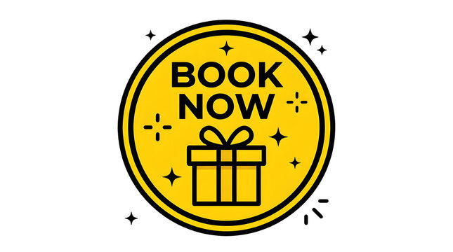 Bright circular badge encouraging immediate booking with gift box icon