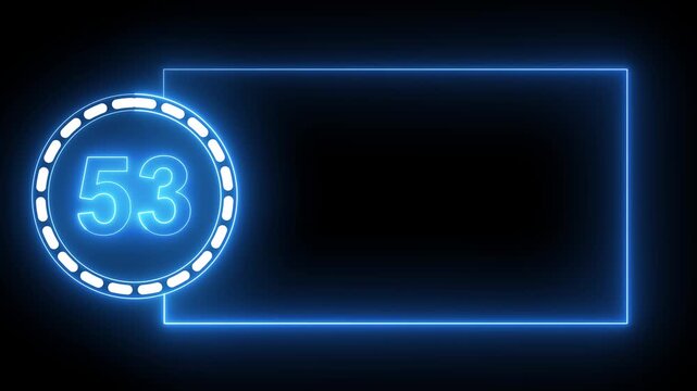 Blue Neon Number 53 Inside Circle With Rectangular Frame On Black Background fifty three digit.4k animation motion grafice veido....