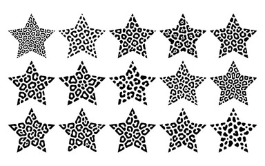 Set of fifteen black and white stars with leopard print pattern isolated on white background © ALO