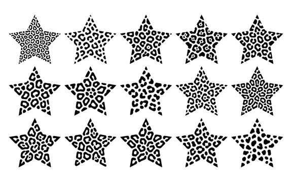 Set of fifteen black and white stars with leopard print pattern isolated on white background