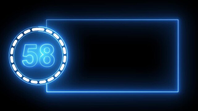 Blue Neon Number 58 Inside Circle With Rectangular Frame On Black Background fifty eight digit.4k animation motion grafice veido....