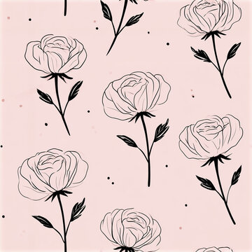 Minimalist rose pattern with simple flower outlines and small leaves on soft pink background creating elegant design