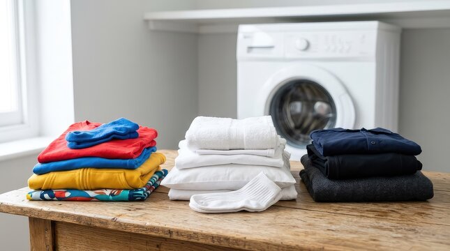 Close-up view of sorted laundry piled on a wooden table, featuring a blurred front-loading washing machine in the background, fabric, close-up, chore
