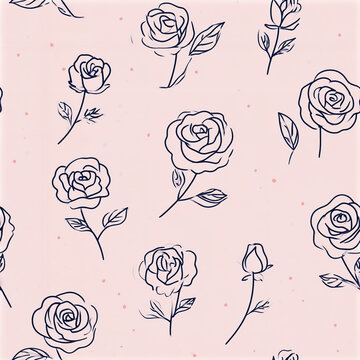 Minimalist rose pattern with simple flower outlines and small leaves soft pink background creating delicate and elegant design