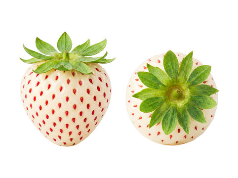 Fresh White Strawberry with Red Seeds and Green Leaves Isolated on Transparent Background