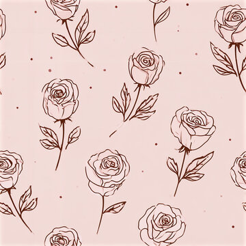 Minimalist rose pattern with simple flower outlines and small leaves soft pink background creating elegant and delicate design