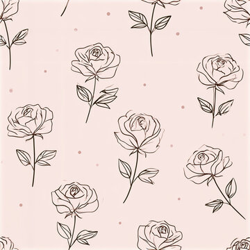 Minimalist rose pattern with simple flower outlines and small dots on soft pink background creating elegant design