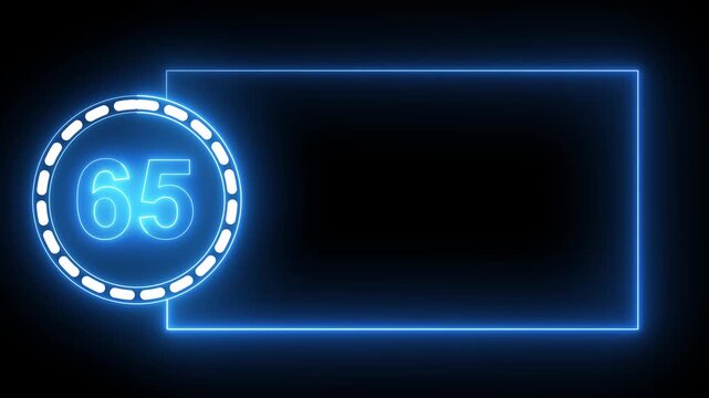 Blue Neon Number 65 Inside Circle With Rectangular Frame On Black Background sixty five digit.4k animation motion grafice veido....