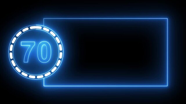 Blue Neon Number 70 Inside Circle With Rectangular Frame On Black Background seventy digit.4k animation motion grafice veido....