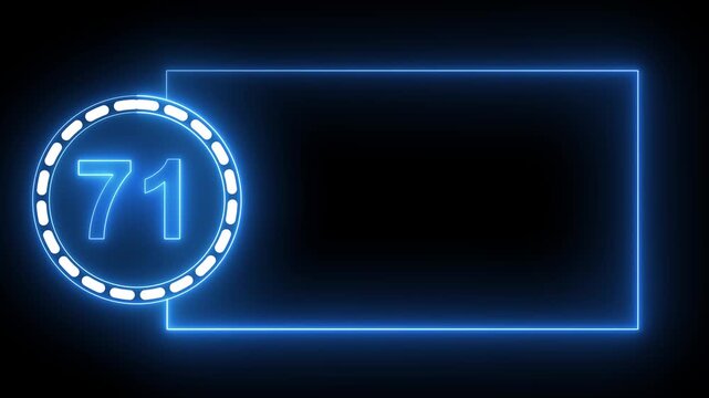 Blue Neon Number 71 Inside Circle With Rectangular Frame On Black Background seventy one digit.4k animation motion grafice veido....