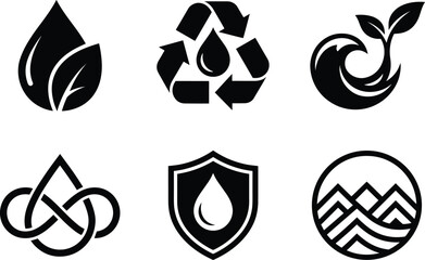 Fototapeta premium Eco friendly water conservation icons set featuring recycling loop leaf shield infinity droplet wave and mountain symbols for green branding