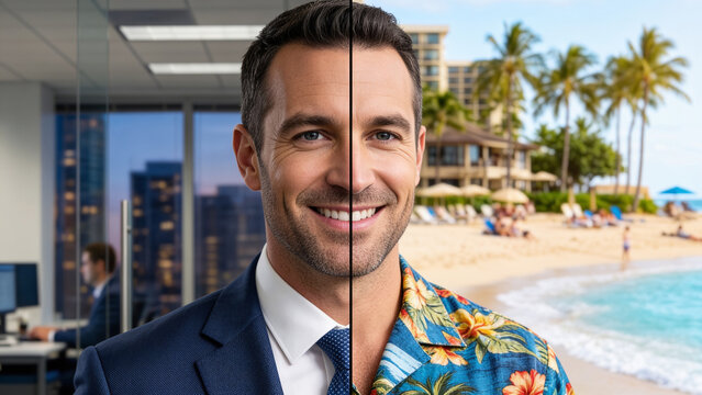 Close-up portrait of a successful businessman split with a beach vacation view as a conceptual metaphor for work-life balance