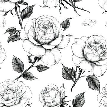 Monochrome rose pattern featuring detailed black floral outlines with elegant petals and leaves creating classic botanical