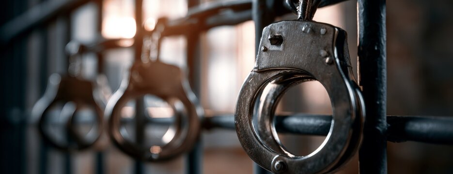 Handcuffs hanging on prison bars with blurred background  