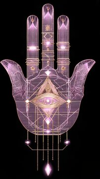 Glowing pink hamsa hand with evil eye and sacred geometry wireframe, spiritual mystic overlay on black background for protection
