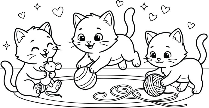 Cute Kittens Playing With Yarn Balls And Toy Mouse Coloring Page Illustration
