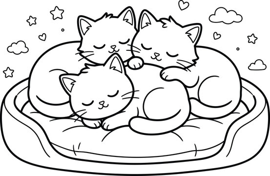 Cute Sleeping Kittens Resting On Cozy Bed Coloring Page Illustration