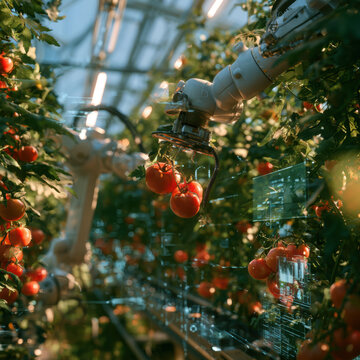 Automated robotic arm harvesting ripe red tomatoes in a modern high-tech industrial greenhouse