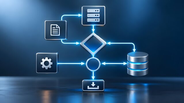 Futuristic 3D flowchart diagram with glowing blue neon lines and icons representing software algorithm data pipeline and automated system workflow logic.