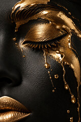 Obraz premium Avant Garde Black Face Makeup with Molten Gold Tears and Metallic Lips