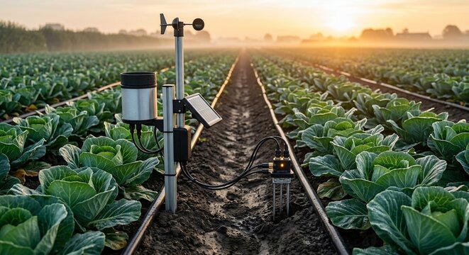 Modern weather station and soil sensor installed in a lush green vegetable field at sunrise