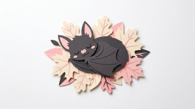 Cute paper craft bat sleeping on pastel autumn leaves for seasonal display