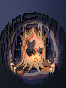 Cute bats sharing candy corn around a campfire in a paper cut cave