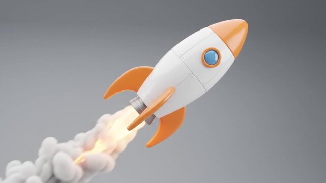 Animated Rocket Launching Through Clouds Against a Minimal Gray Background, Space Exploration and Innovation Concept