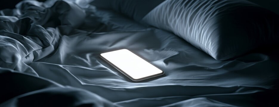 Smartphone with a glowing screen in bed at night, addiction concept  